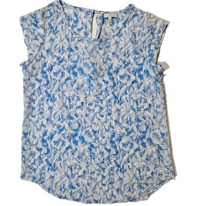 JOIE Blouse Womens XS Blue Round Neck Cap Sleeve Silk Floral Basic Lightweight
